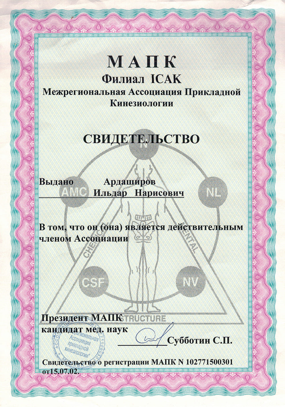 Сертификат прикладной кинезиологии Дэвида Лифа, США